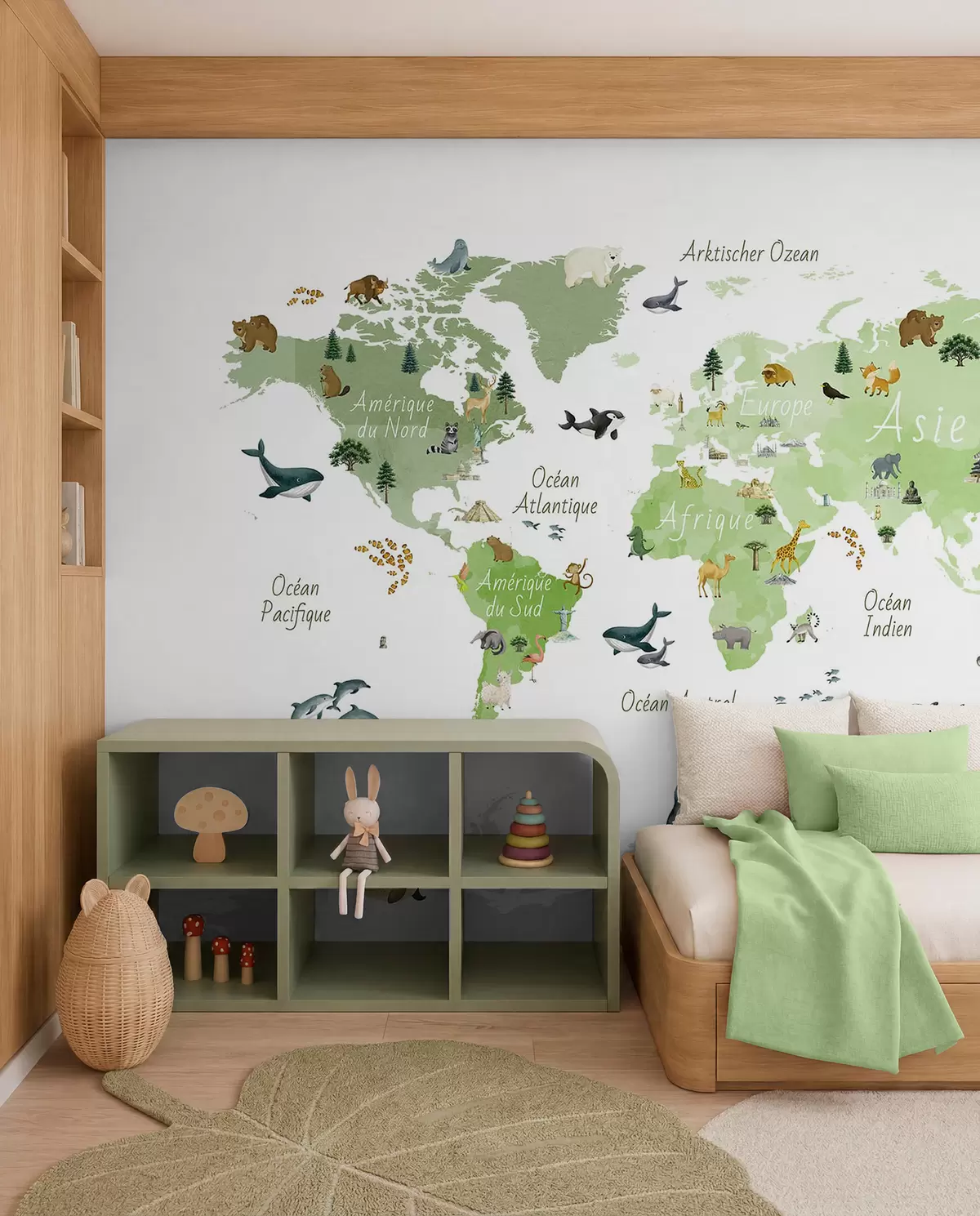 wall murals A watercolor-style Green map featuring animals, plants, and architecture. Labels in French c00009frv2