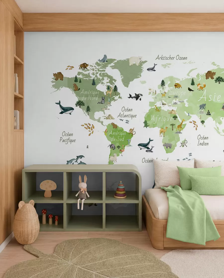 wall murals A watercolor-style Green map featuring animals, plants, and architecture. Labels in French c00009frv2