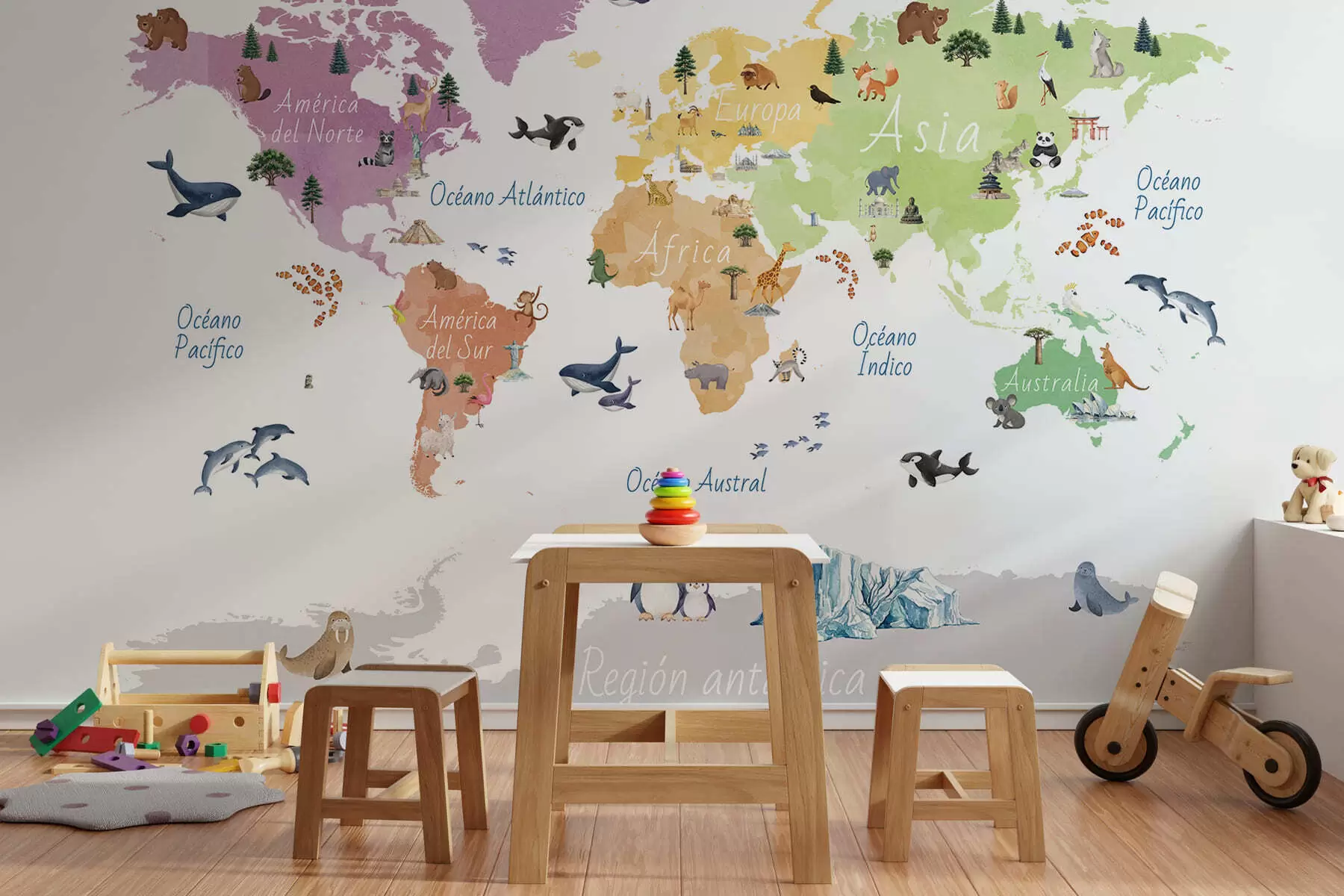 wall murals A watercolor-style color map featuring animals, plants, and architecture. Labels in Spanish c00009es