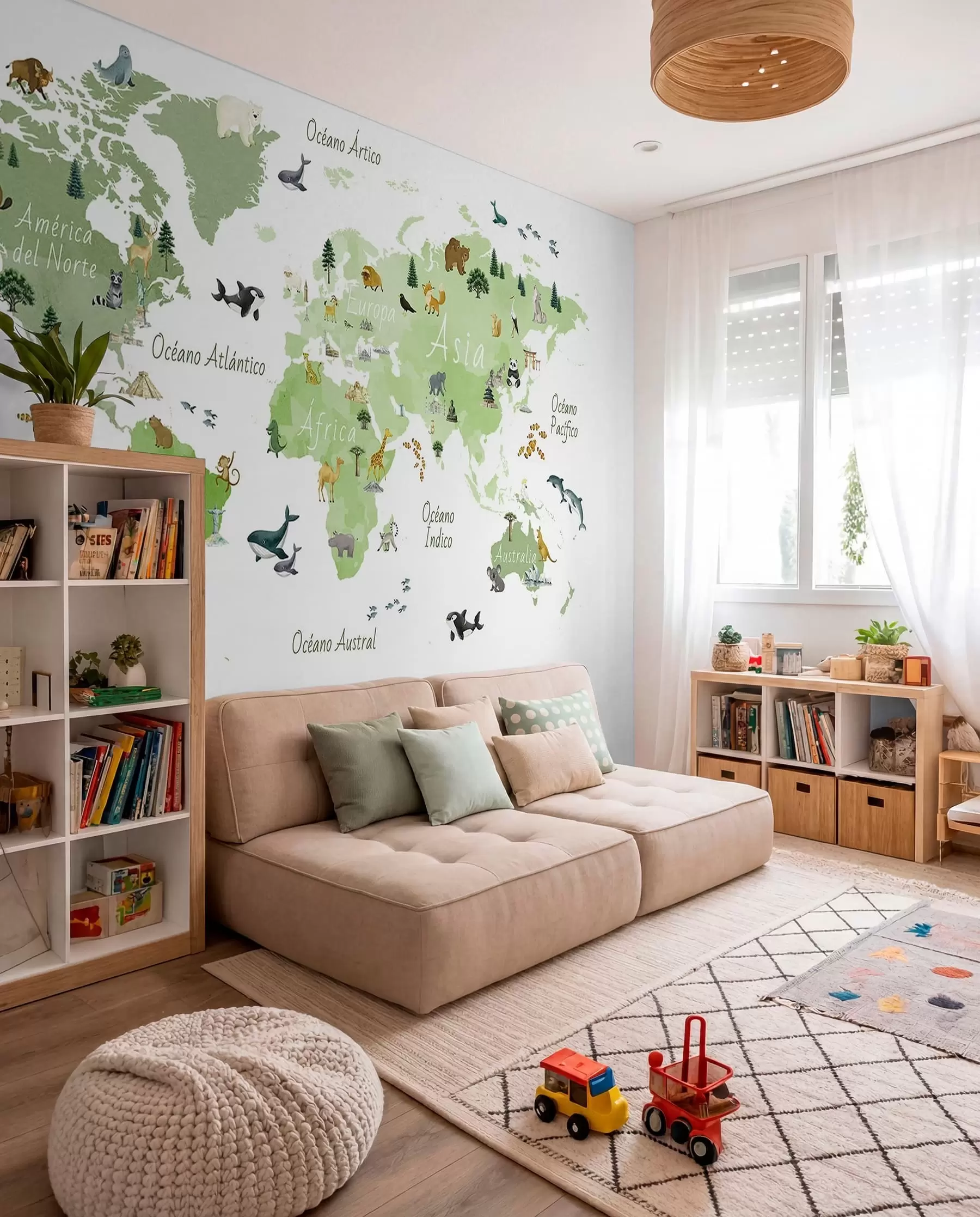 wall murals A watercolor-style Green map featuring animals, plants, and architecture. Labels in Spanish c00009esv2