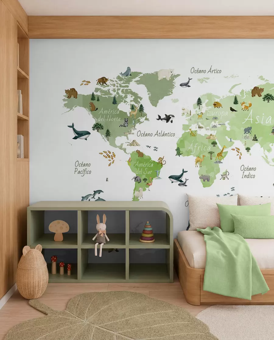 wall murals A watercolor-style Green map featuring animals, plants, and architecture. Labels in Spanish c00009esv2