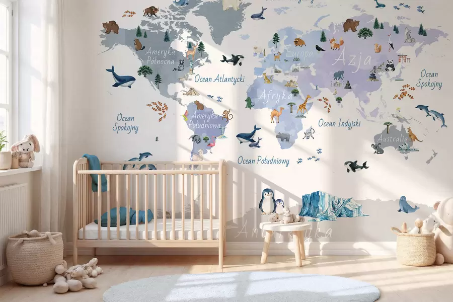 wall murals A watercolor-style Blue map featuring animals, plants, and architecture. Labels in Polish c00009plv1