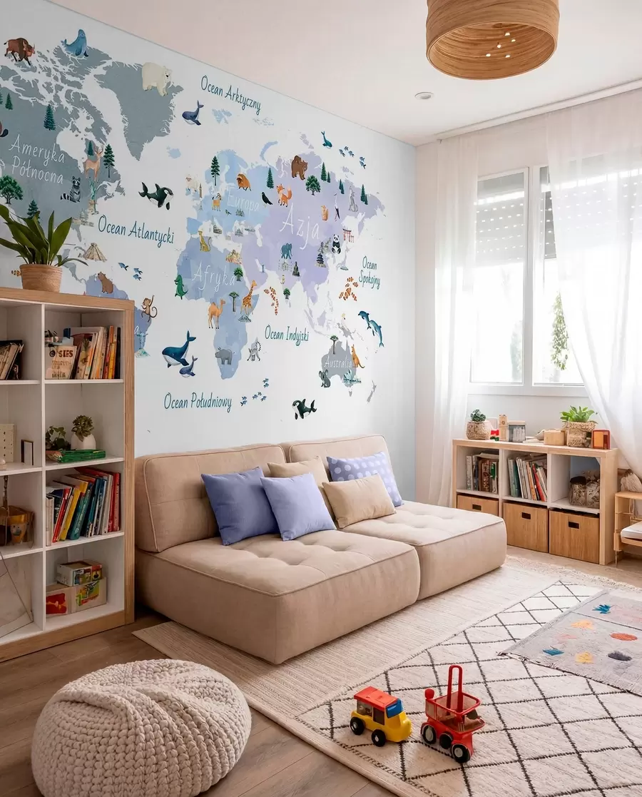wall murals A watercolor-style Blue map featuring animals, plants, and architecture. Labels in Polish c00009plv1
