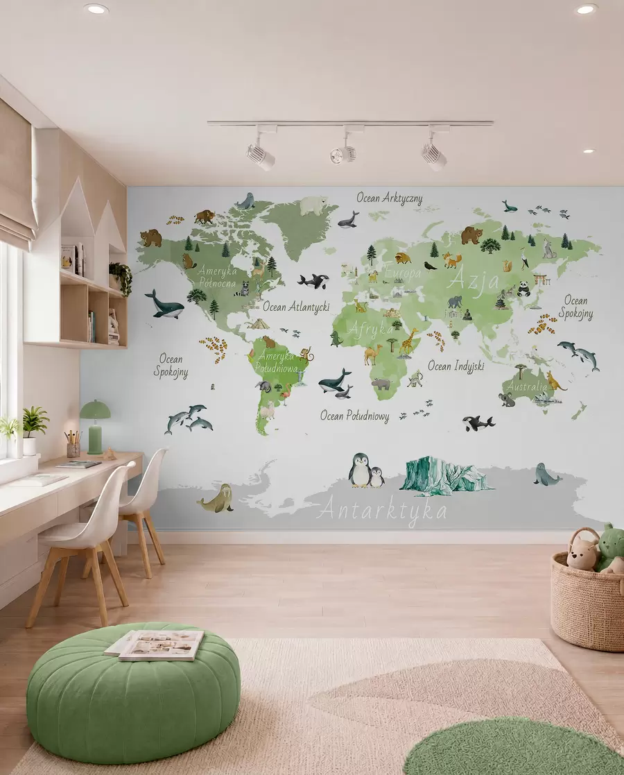 wall murals A watercolor-style Green map featuring animals, plants, and architecture. Labels in Polish c00009plv2