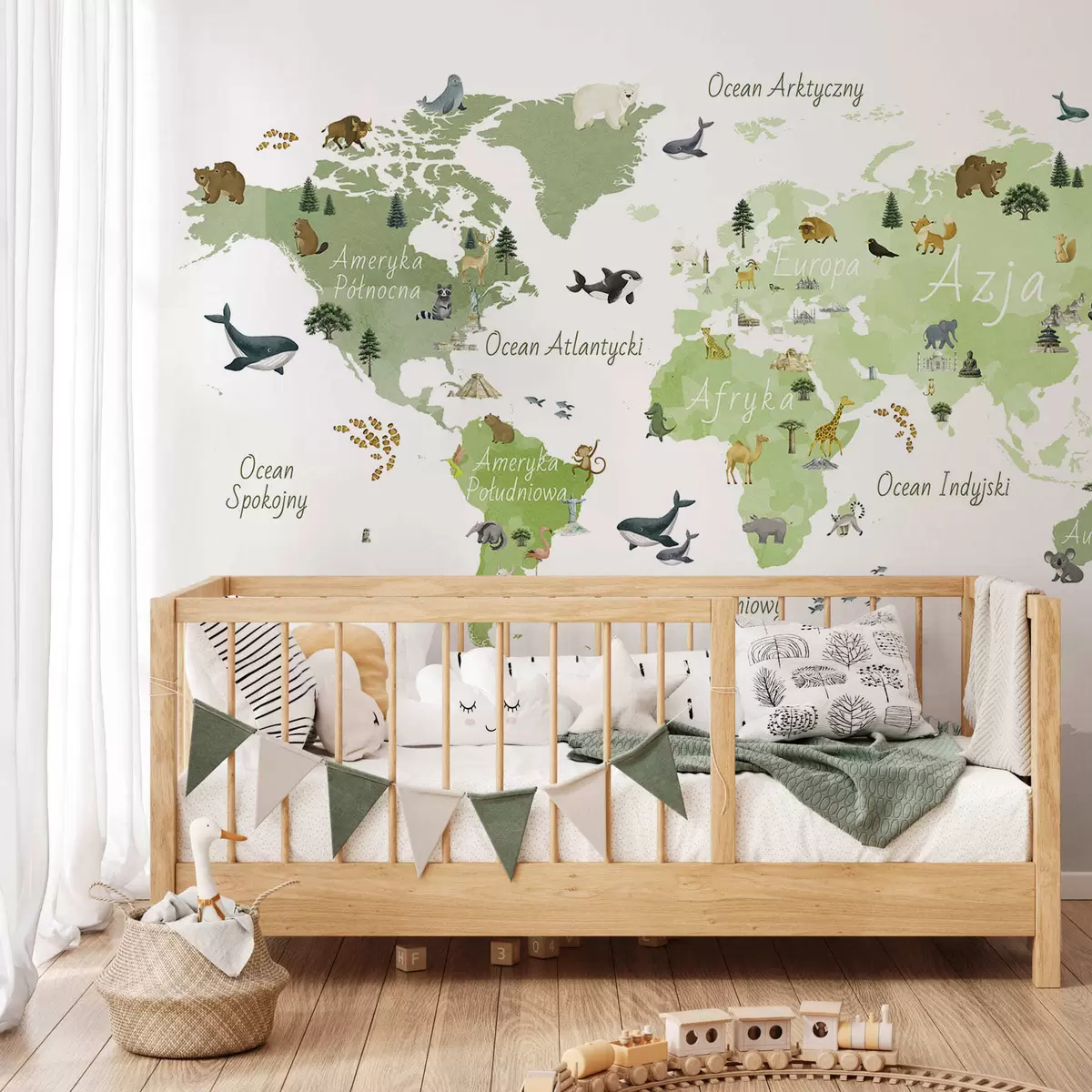 wall murals A watercolor-style Green map featuring animals, plants, and architecture. Labels in Polish c00009plv2