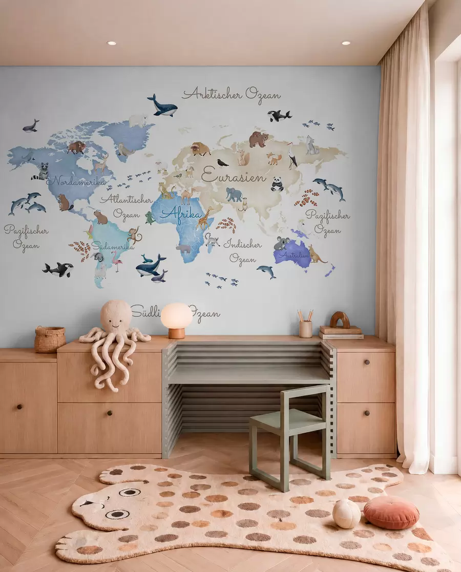 wall murals A watercolor-style Blue map featuring animals. Labels in German c00012dev1