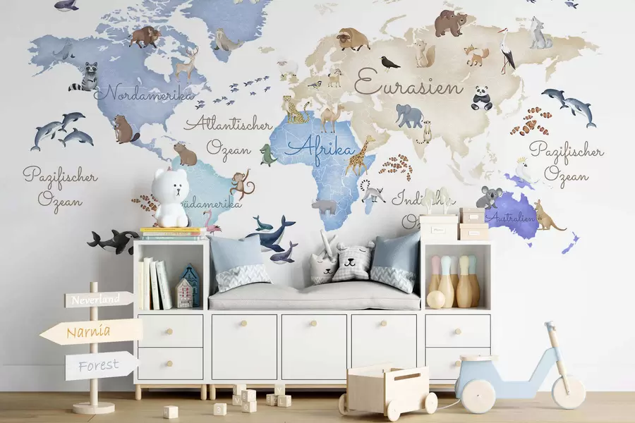 wall murals A watercolor-style Blue map featuring animals. Labels in German c00012dev1