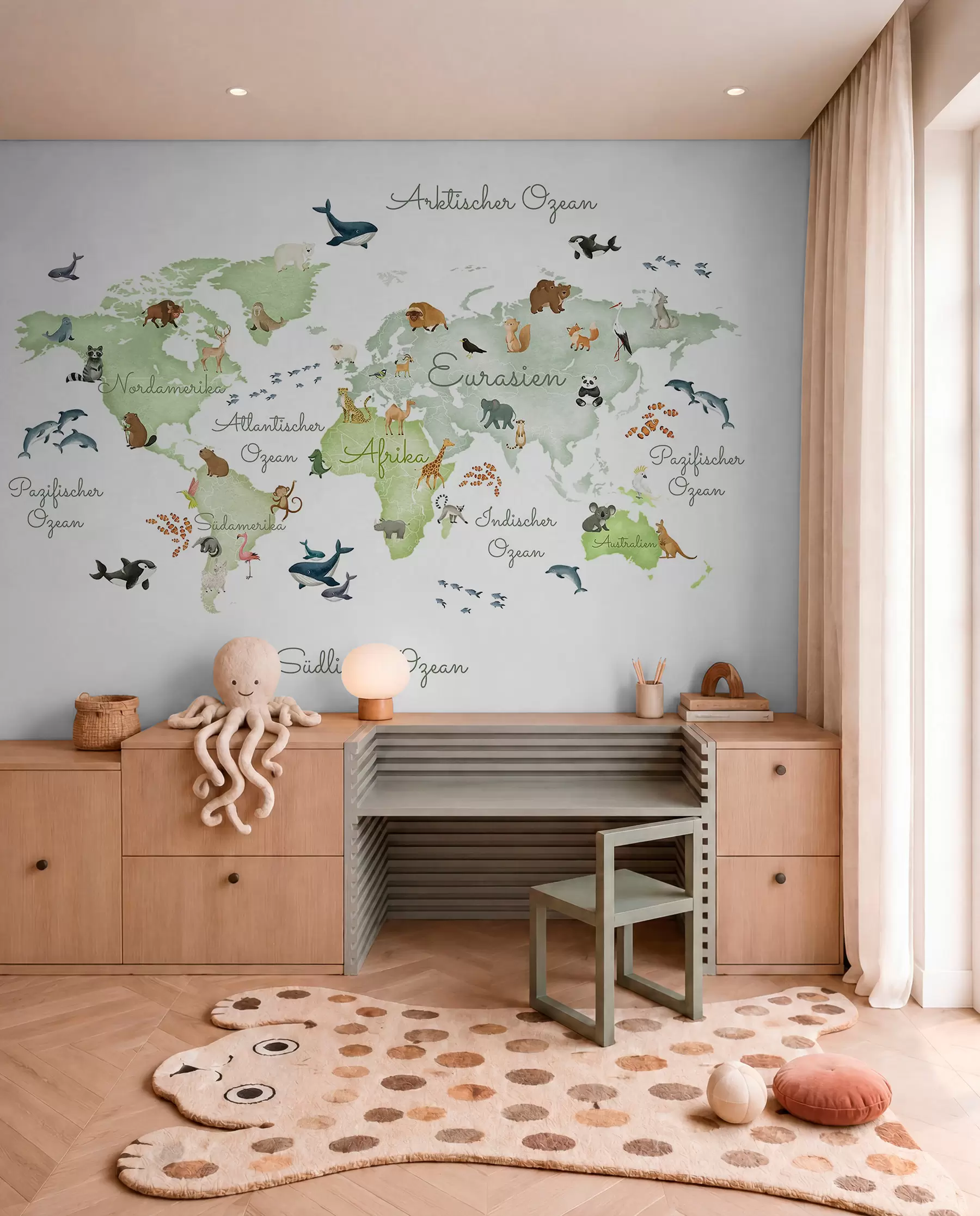 wall murals A watercolor-style Green map featuring animals. Labels in German c00012dev2