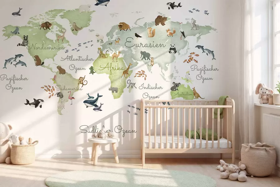 wall murals A watercolor-style Green map featuring animals. Labels in German c00012dev2