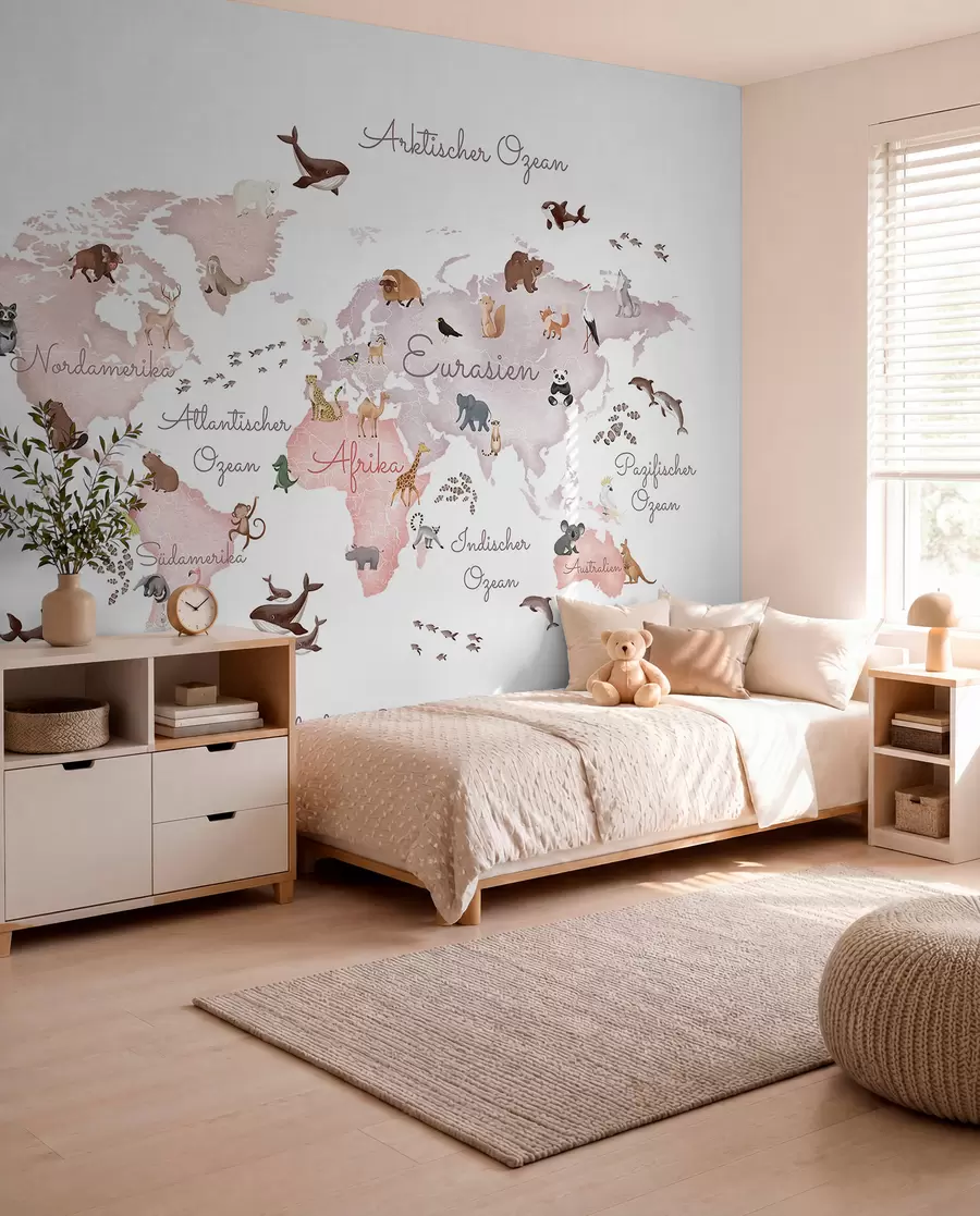 wall murals A watercolor-style Beige map featuring animals. Labels in German c00012dev3