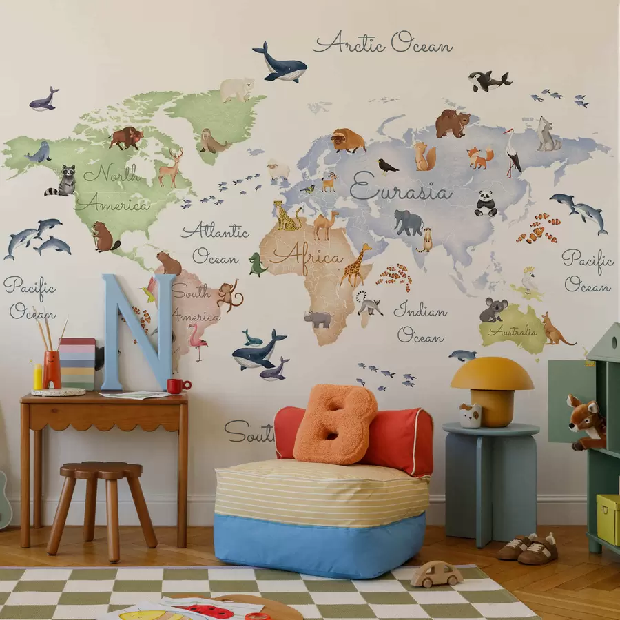 wall murals A watercolor-style color map featuring animals. Labels in English c00012en