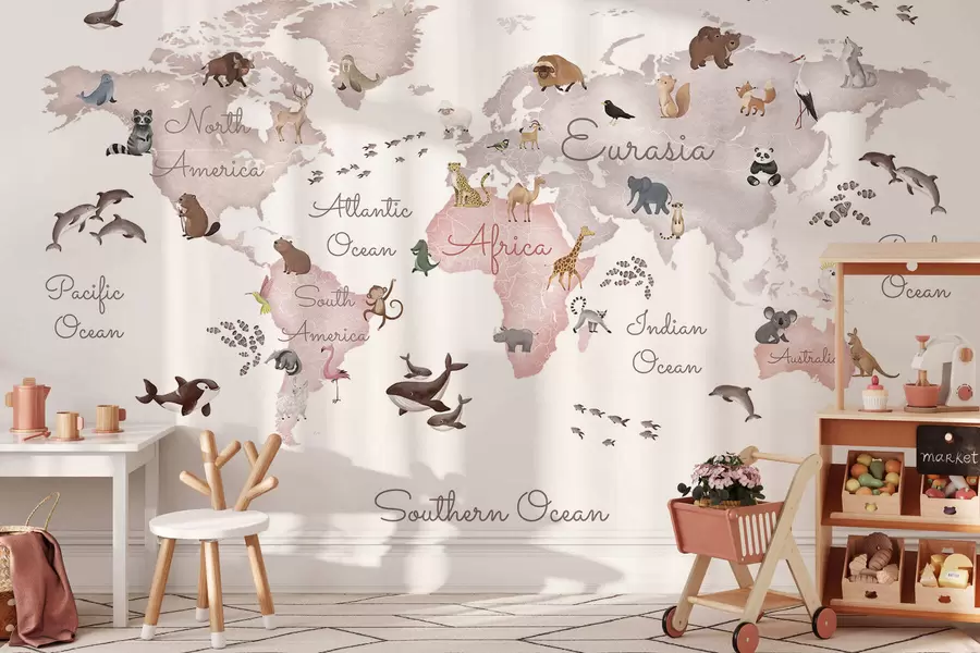 wall murals A watercolor-style Beige map featuring animals. Labels in English c00012env3