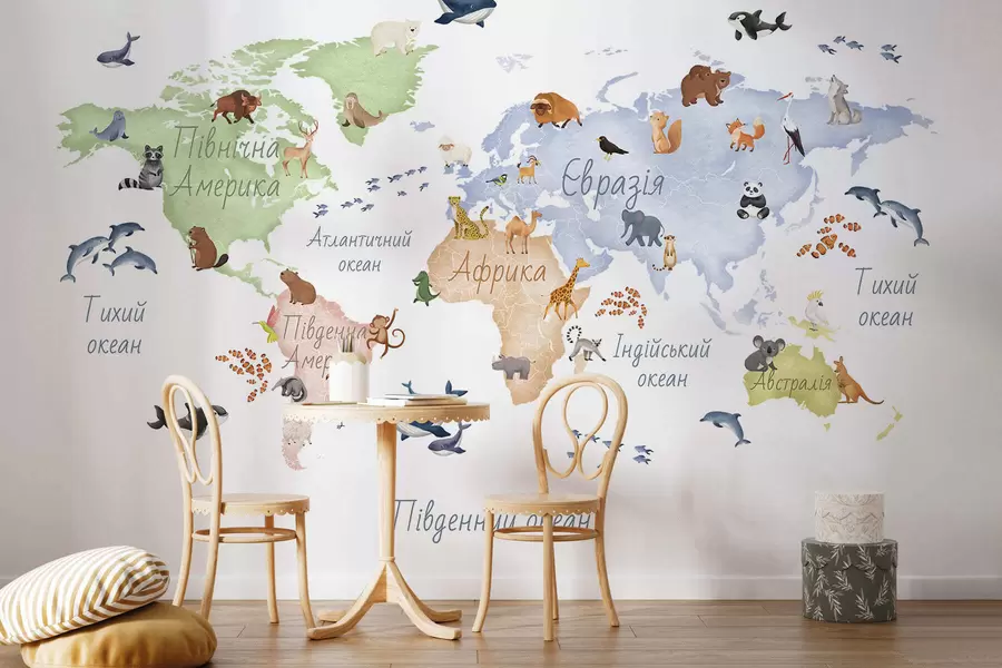wall murals A watercolor-style color map featuring animals. Labels in Ukrainian c00012uk