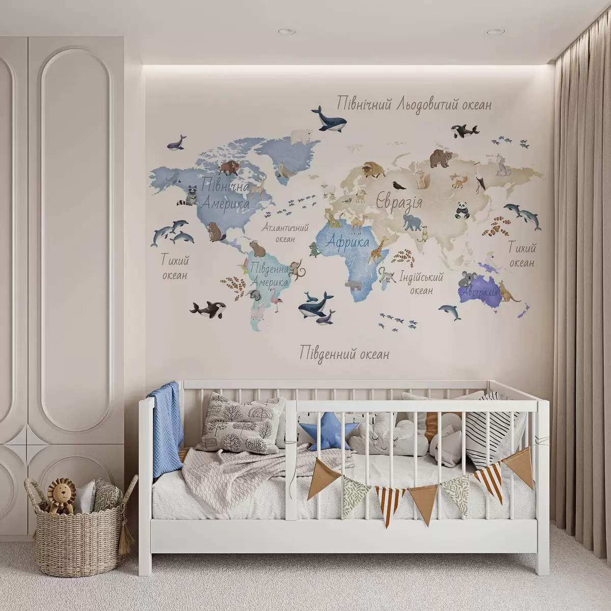 wall murals A watercolor-style Blue map featuring animals. Labels in Ukrainian c00012ukv1