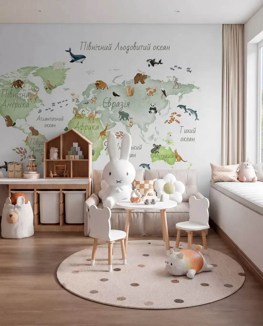 wall murals A watercolor-style Green map featuring animals. Labels in Ukrainian c00012ukv2