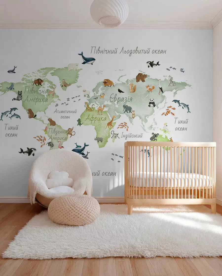 wall murals A watercolor-style Green map featuring animals. Labels in Ukrainian c00012ukv2
