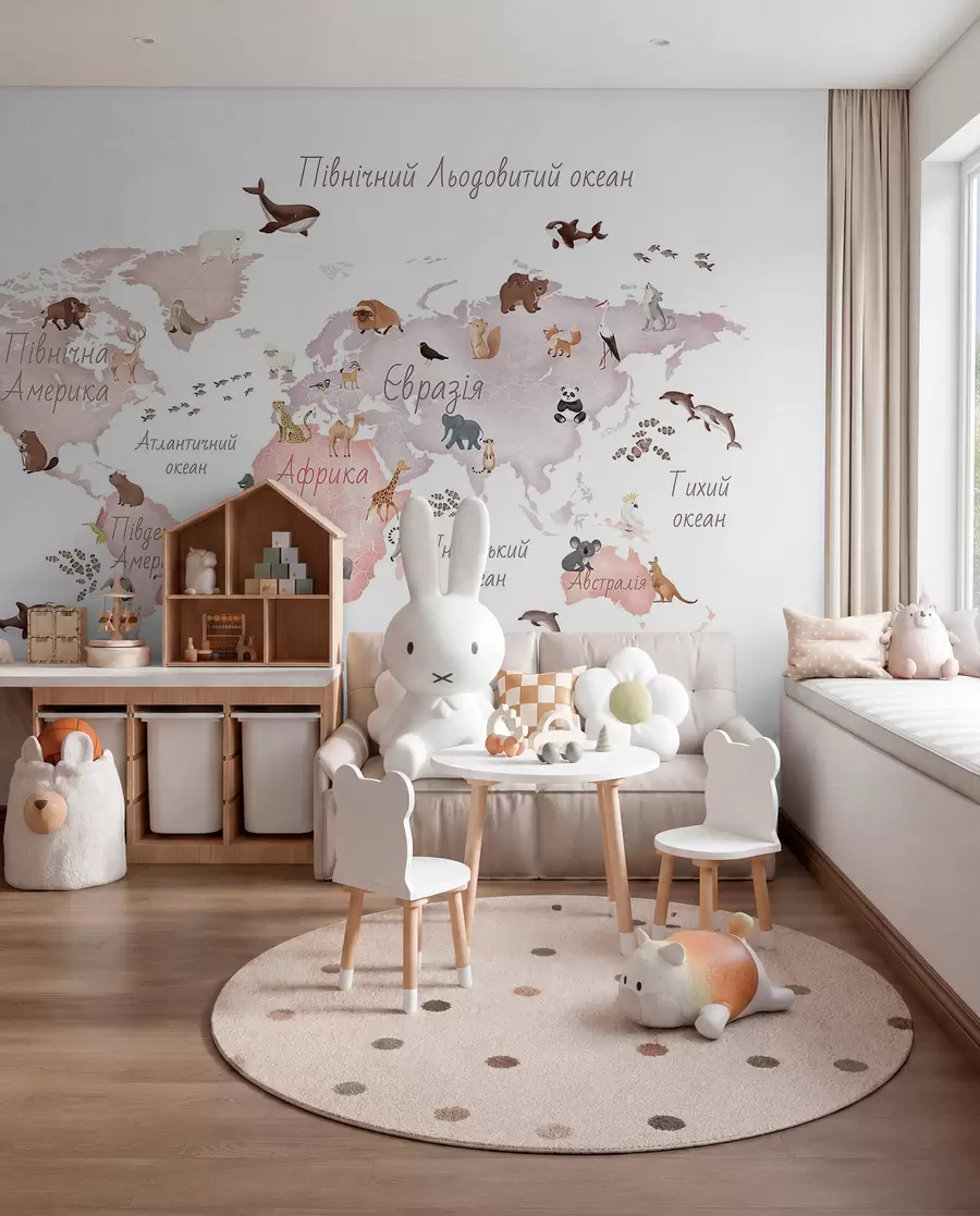 wall murals A watercolor-style Beige map featuring animals. Labels in Ukrainian c00012ukv3