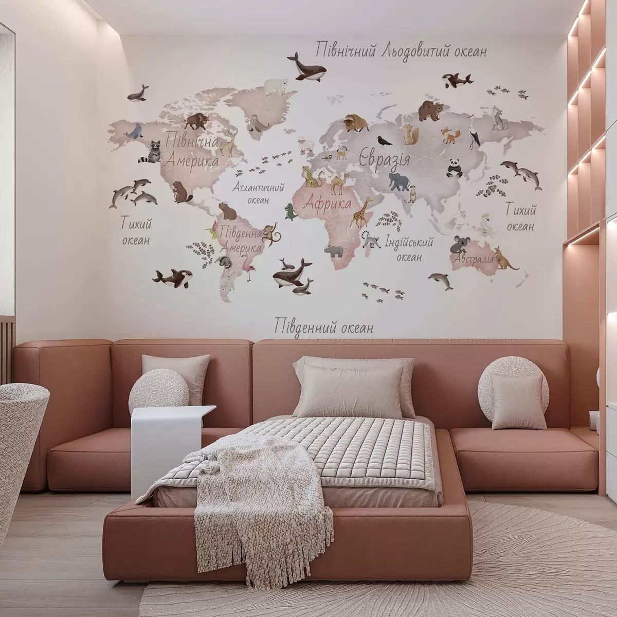 wall murals A watercolor-style Beige map featuring animals. Labels in Ukrainian c00012ukv3