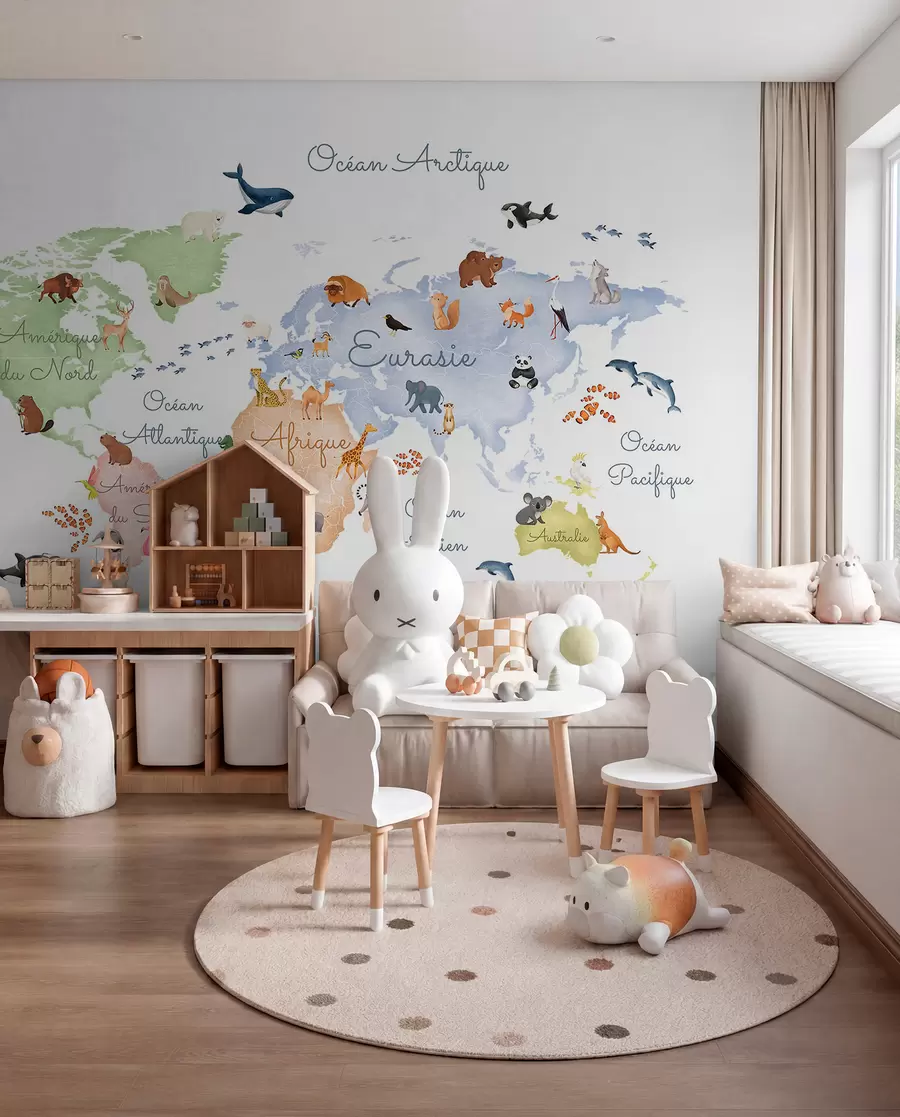 wall murals Pastel Animal Map in French c00012fr