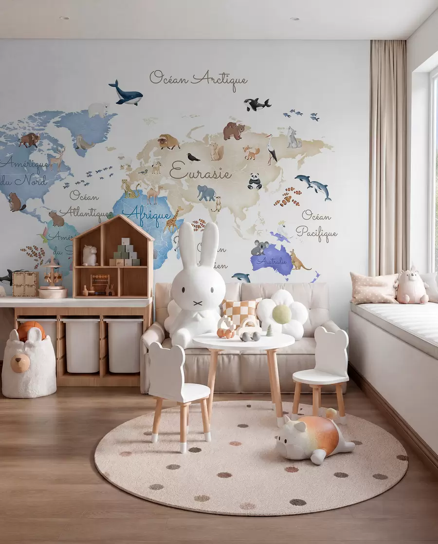 wall murals A watercolor-style Blue map featuring animals. Labels in French c00012frv1
