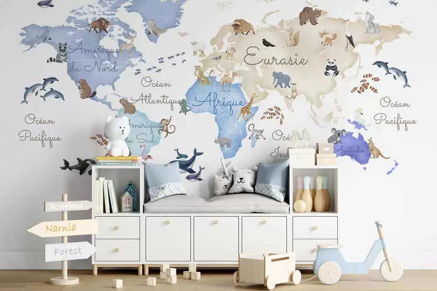 wall murals A watercolor-style Blue map featuring animals. Labels in French c00012frv1