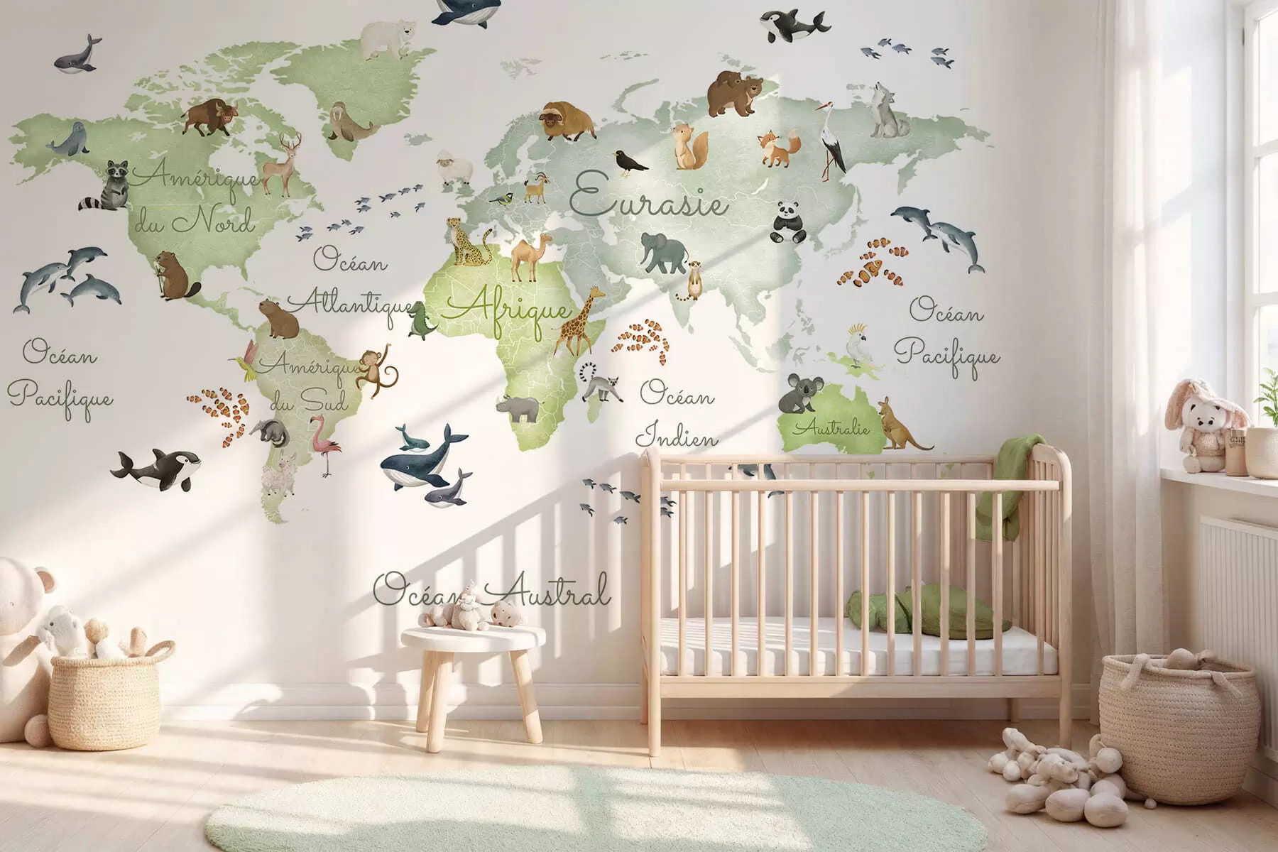 wall murals A watercolor-style Green map featuring animals. Labels in French c00012frv2