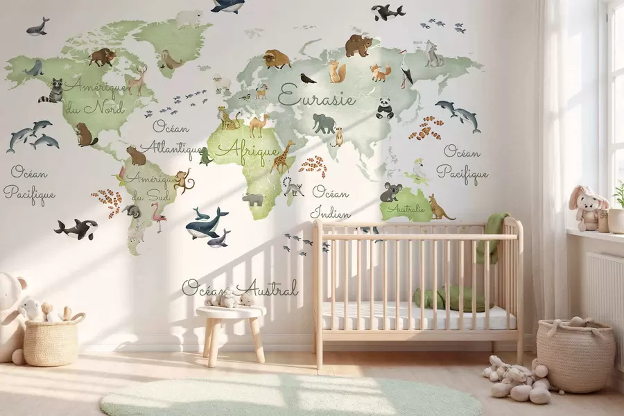 wall murals A watercolor-style Green map featuring animals. Labels in French c00012frv2