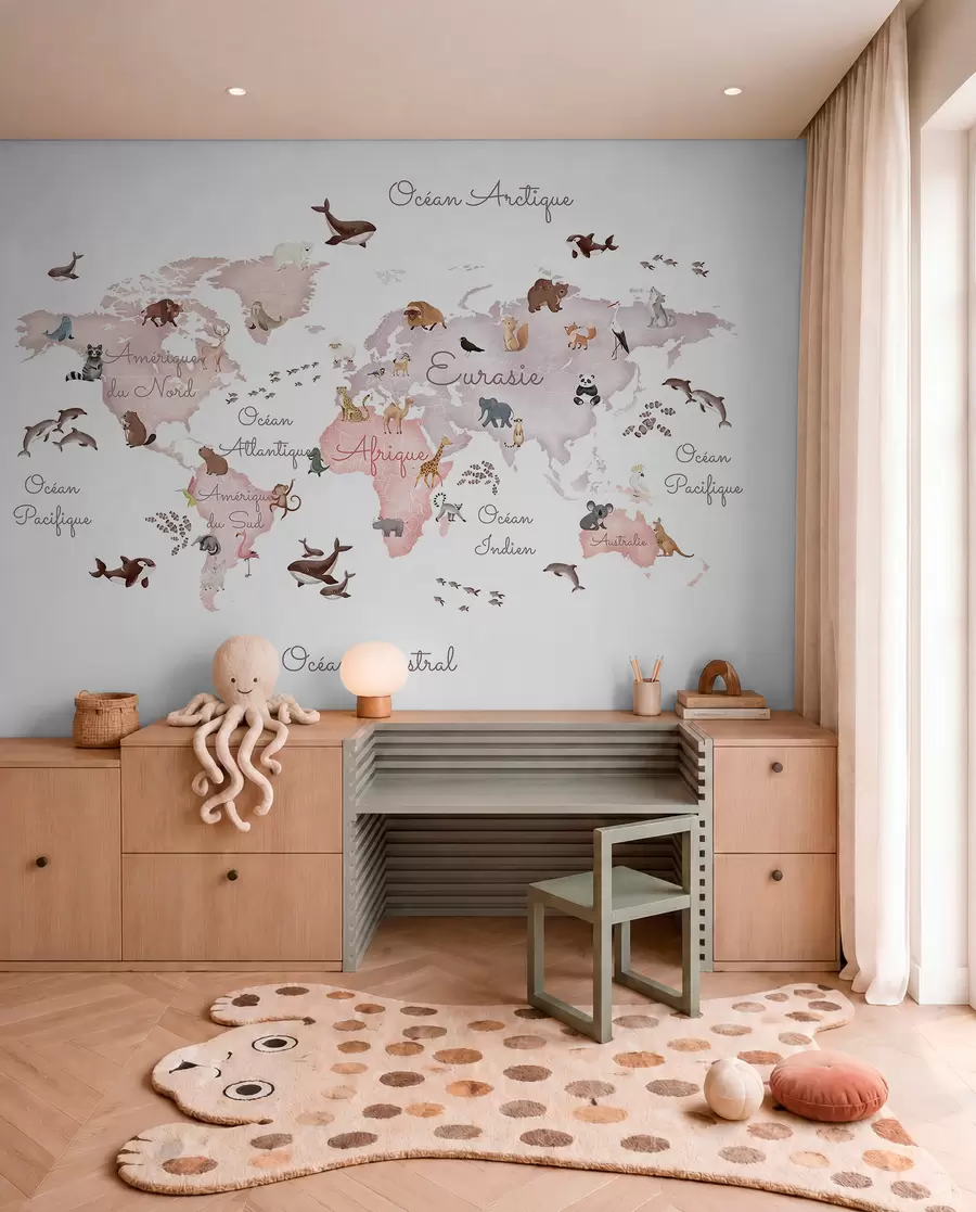 wall murals A watercolor-style Beige map featuring animals. Labels in French c00012frv3