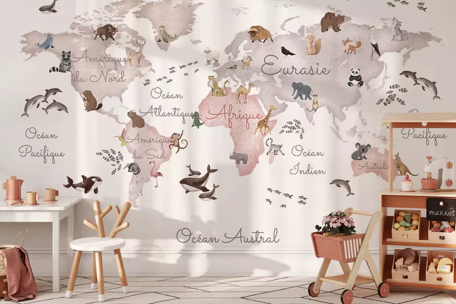 wall murals A watercolor-style Beige map featuring animals. Labels in French c00012frv3