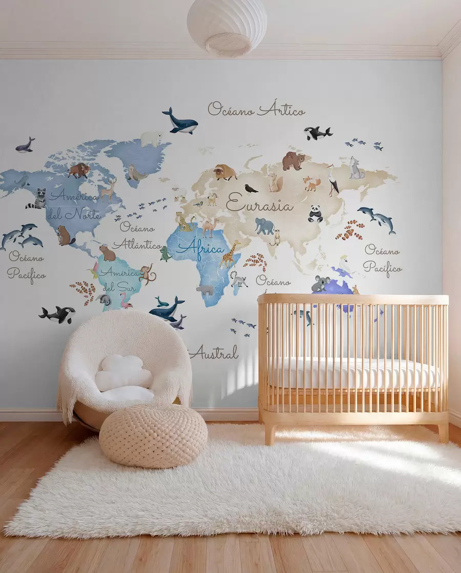 wall murals A watercolor-style Blue map featuring animals. Labels in Spanish c00012esv1