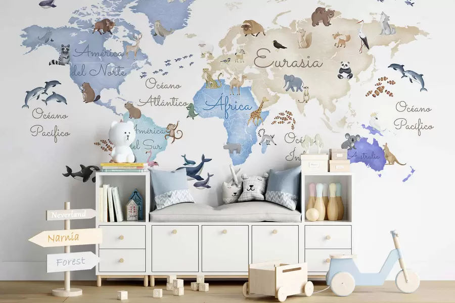 wall murals A watercolor-style Blue map featuring animals. Labels in Spanish c00012esv1