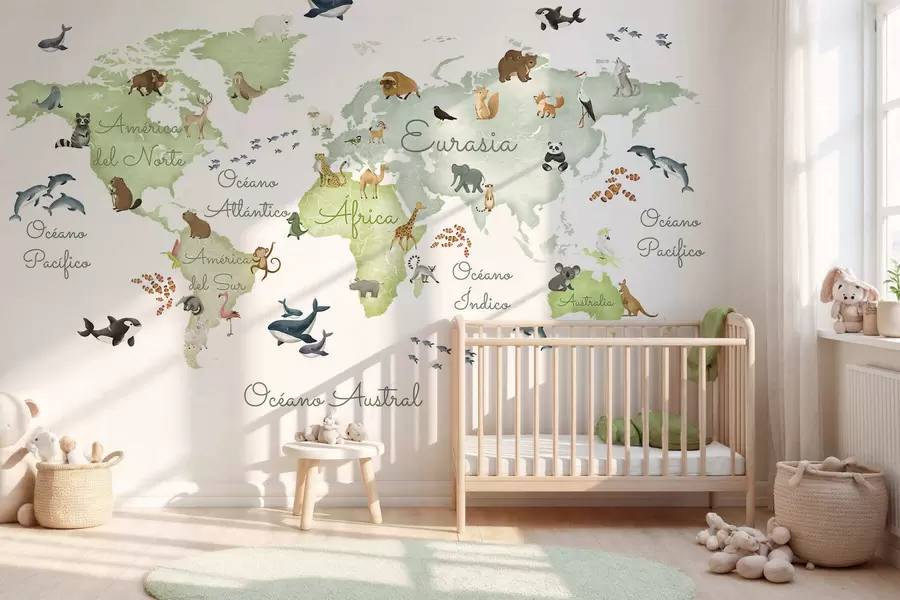 wall murals A watercolor-style Green map featuring animals. Labels in Spanish c00012esv2