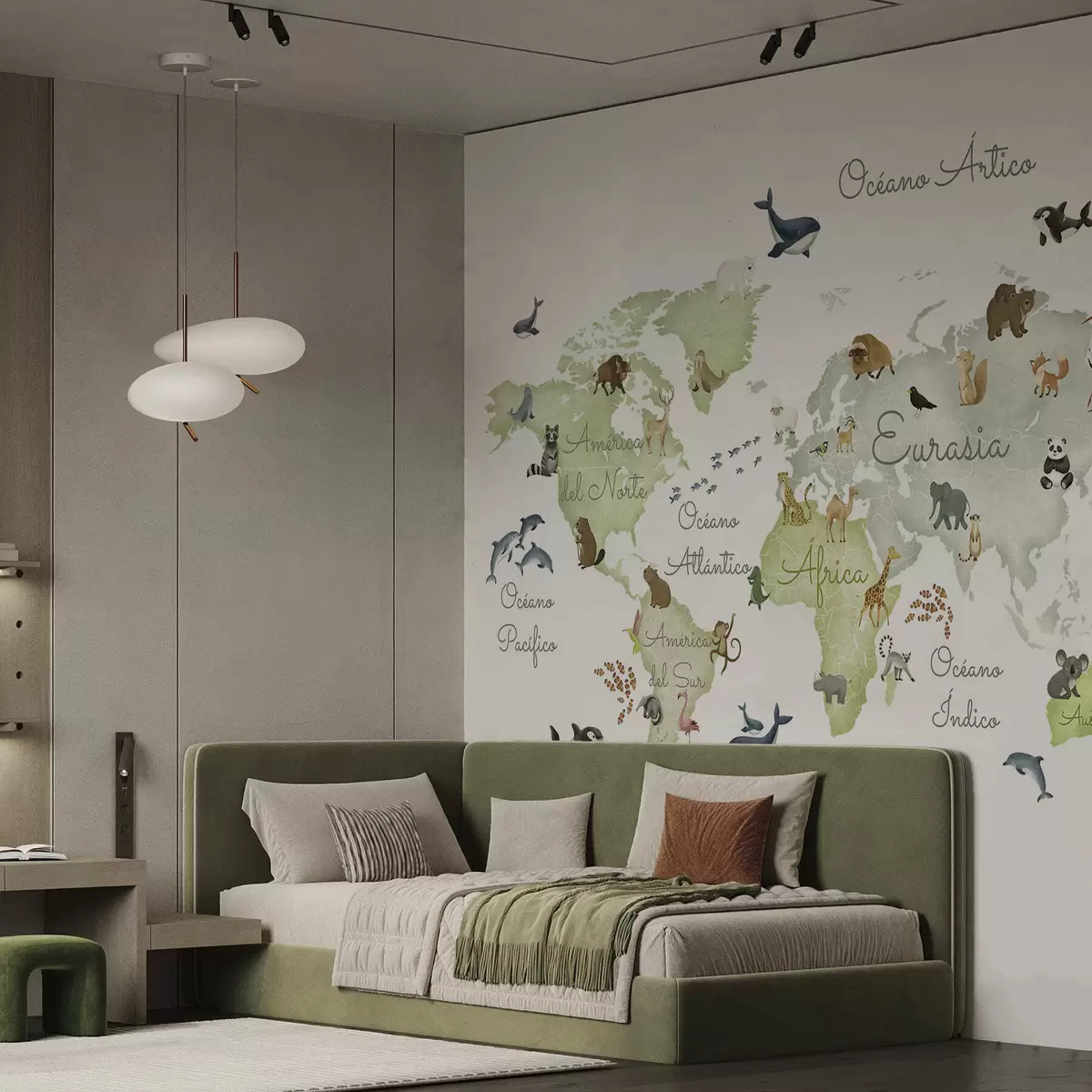 wall murals A watercolor-style Green map featuring animals. Labels in Spanish c00012esv2