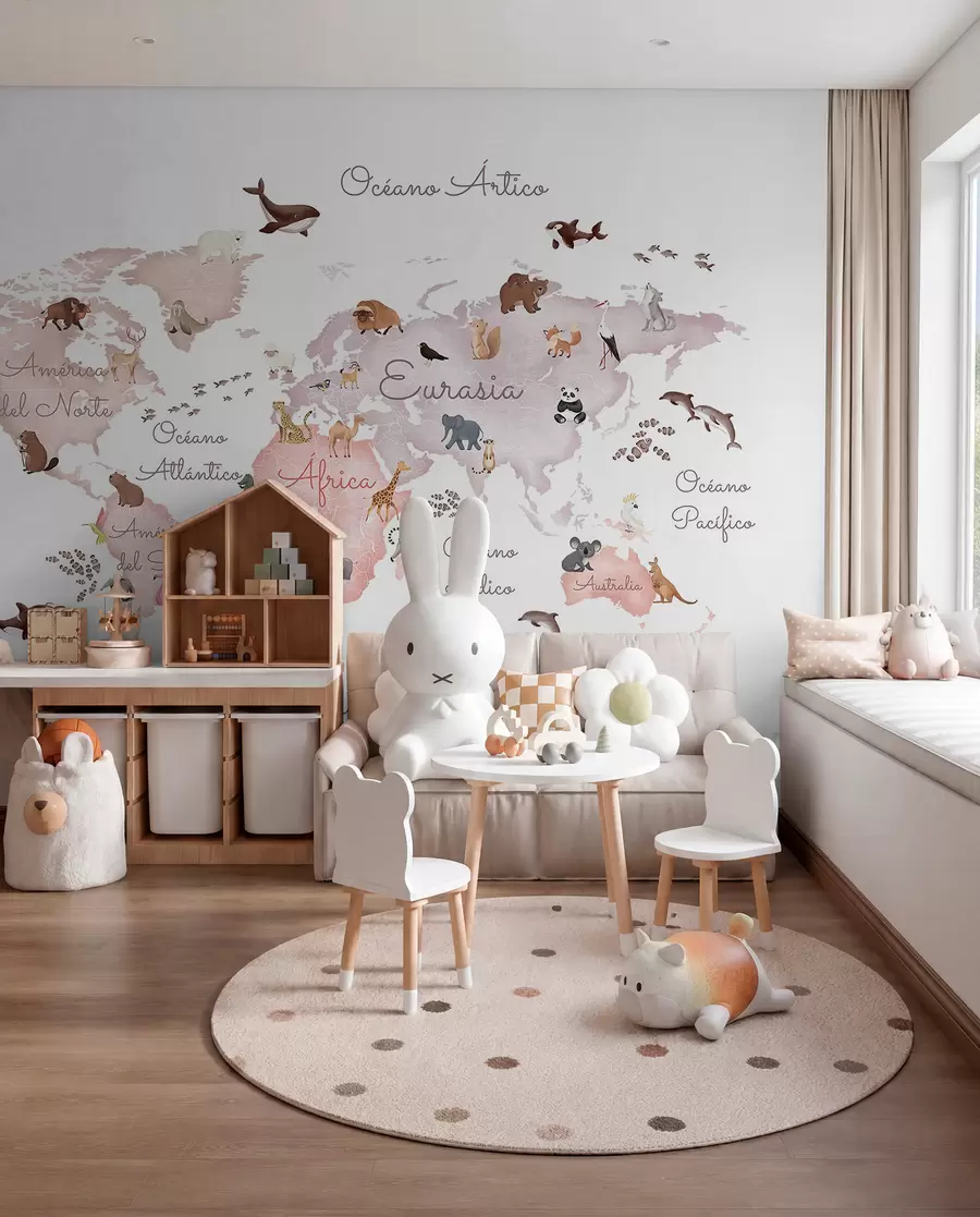 wall murals A watercolor-style Beige map featuring animals. Labels in Spanish c00012esv3