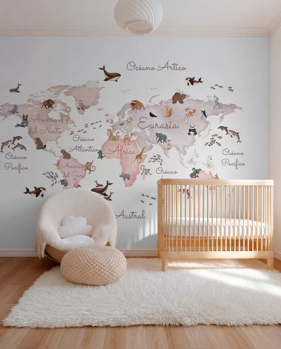wall murals A watercolor-style Beige map featuring animals. Labels in Spanish c00012esv3