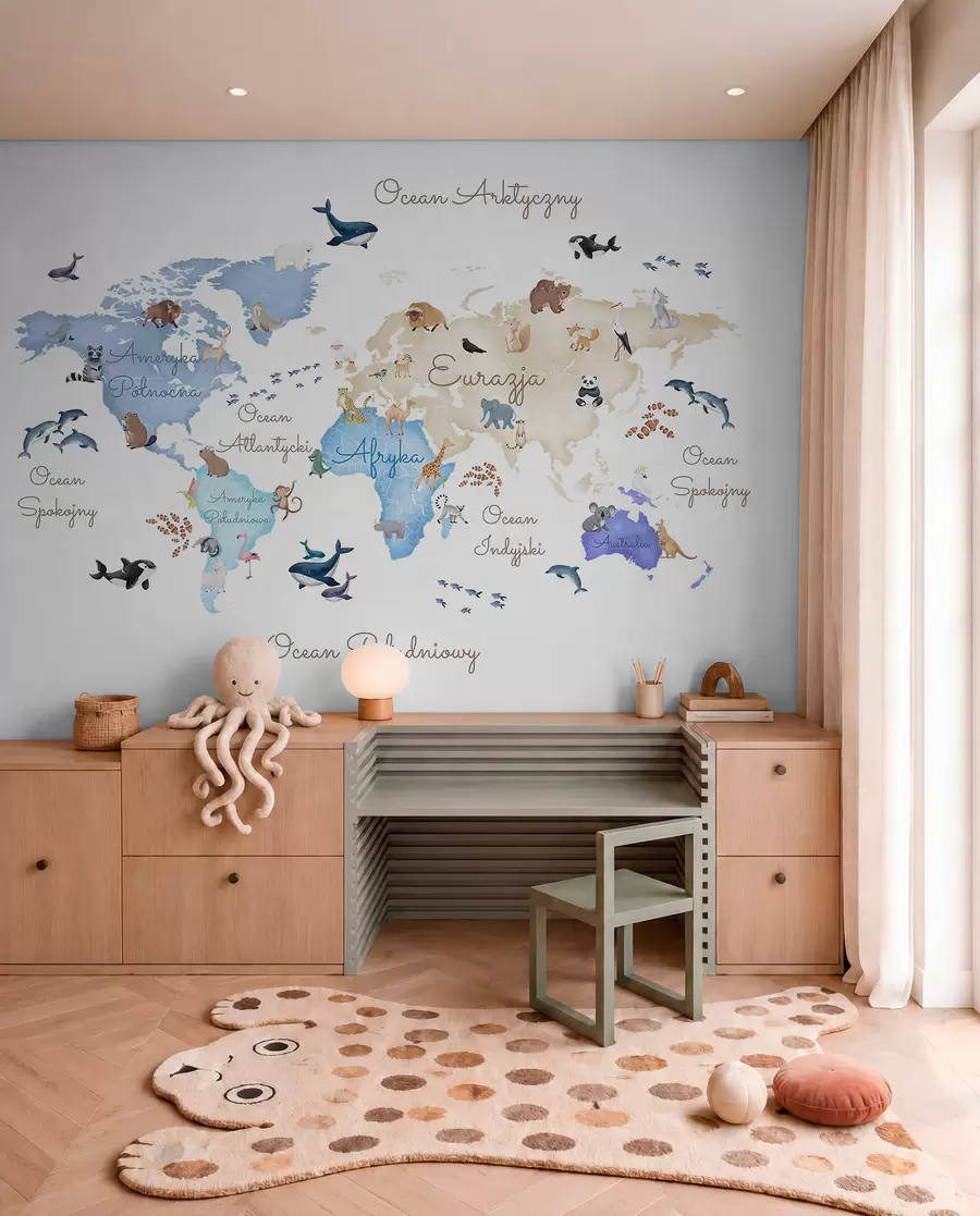 wall murals A watercolor-style Blue map featuring animals. Labels in Polish c00012plv1