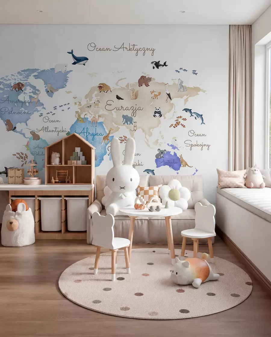 wall murals A watercolor-style Blue map featuring animals. Labels in Polish c00012plv1