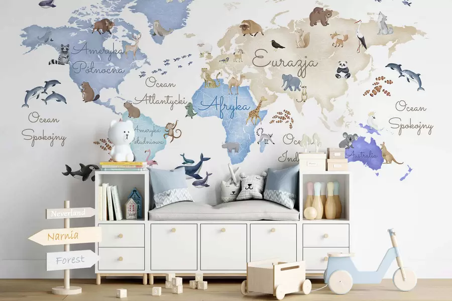 wall murals A watercolor-style Blue map featuring animals. Labels in Polish c00012plv1