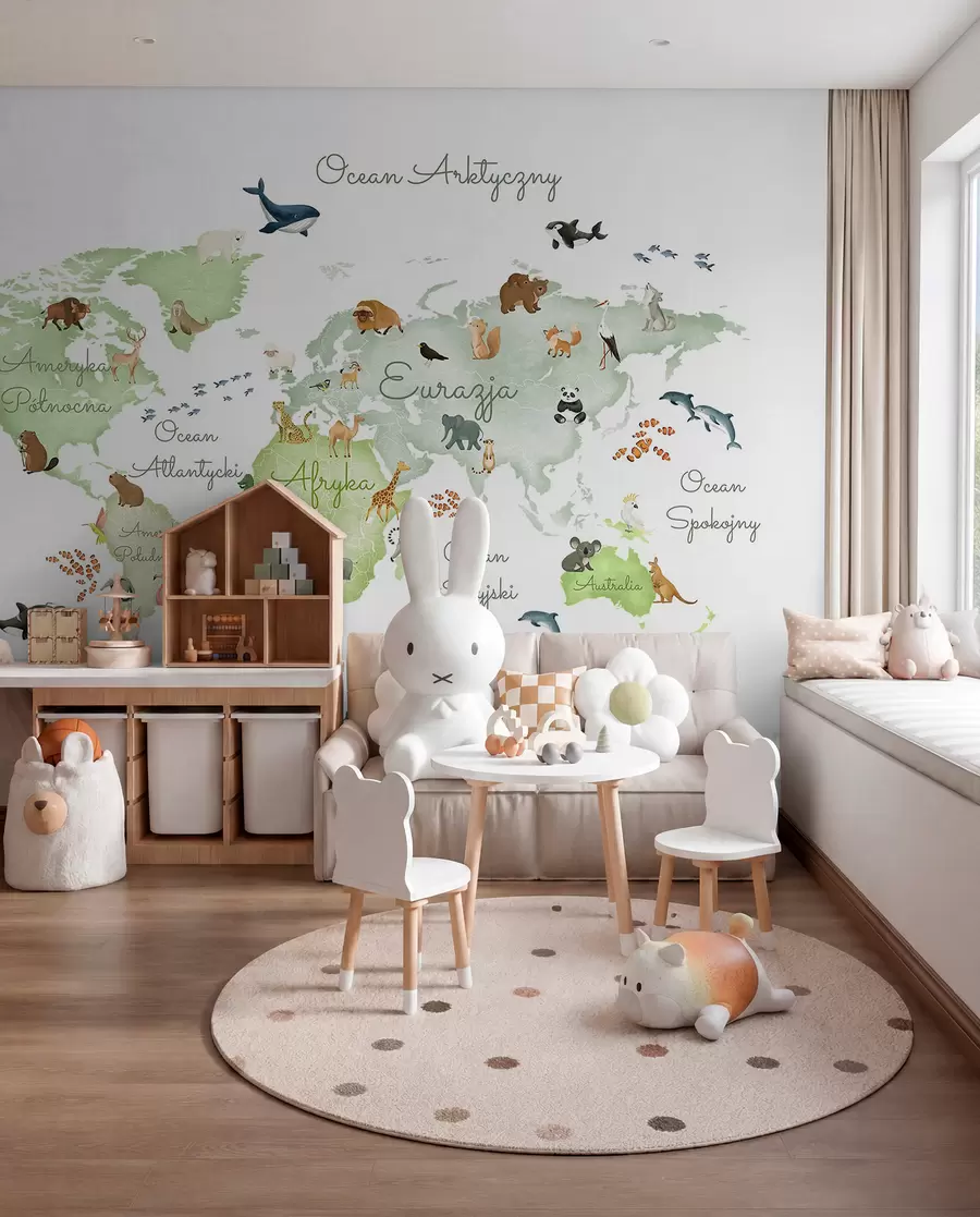 wall murals A watercolor-style Green map featuring animals. Labels in Polish c00012plv2