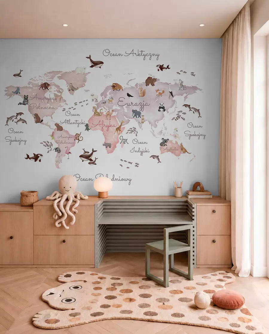 wall murals A watercolor-style Beige map featuring animals. Labels in Polish c00012plv3