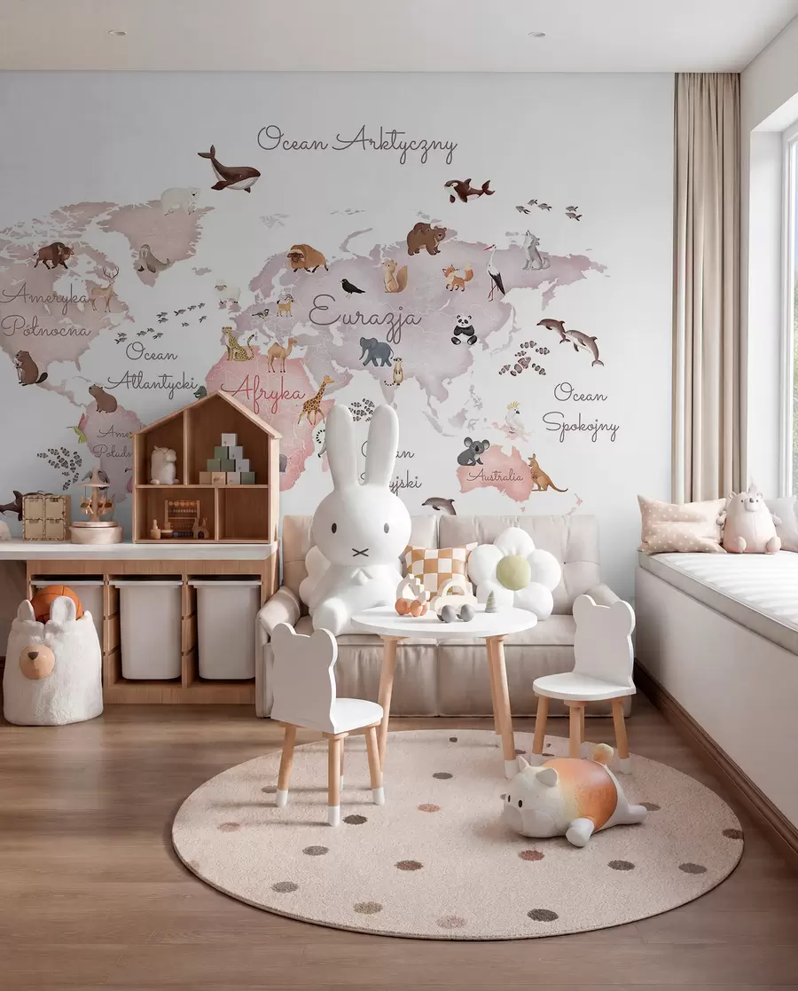 wall murals A watercolor-style Beige map featuring animals. Labels in Polish c00012plv3