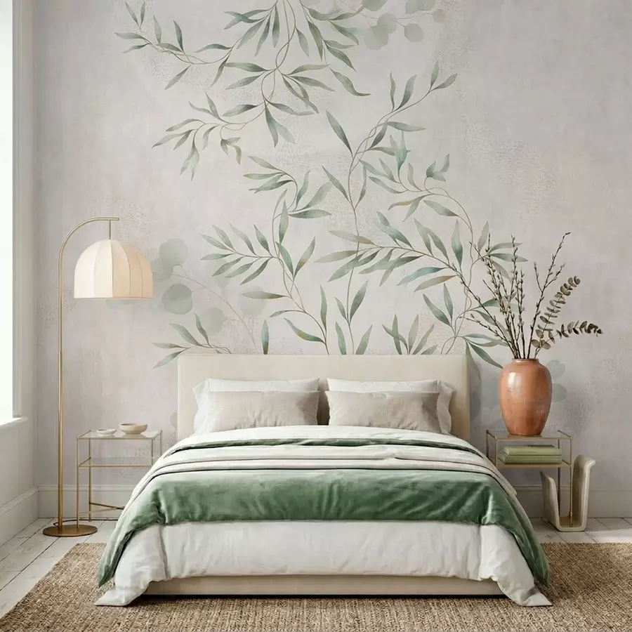 wall murals Delicate botanical pattern with thin branches on light background w05424