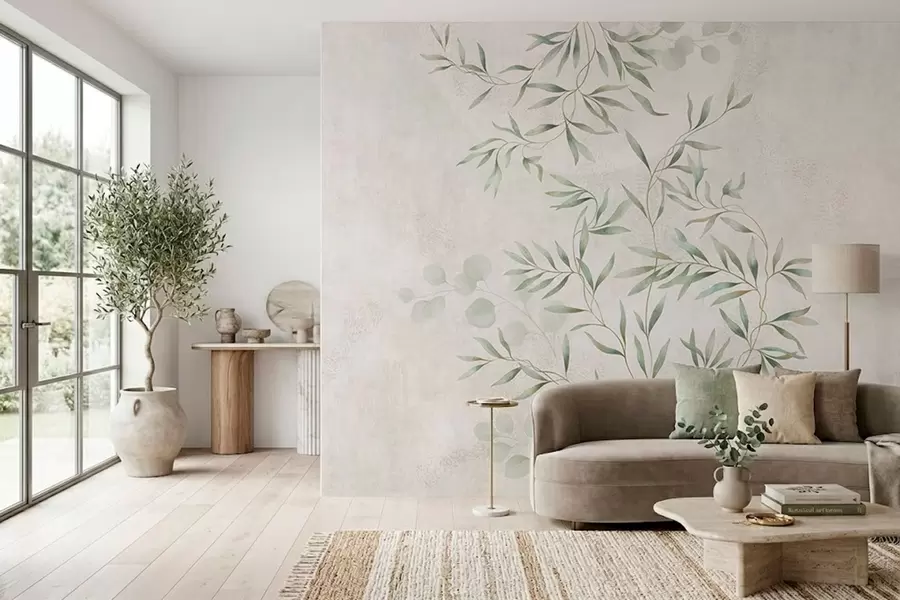 wall murals Delicate botanical pattern with thin branches on light background w05424