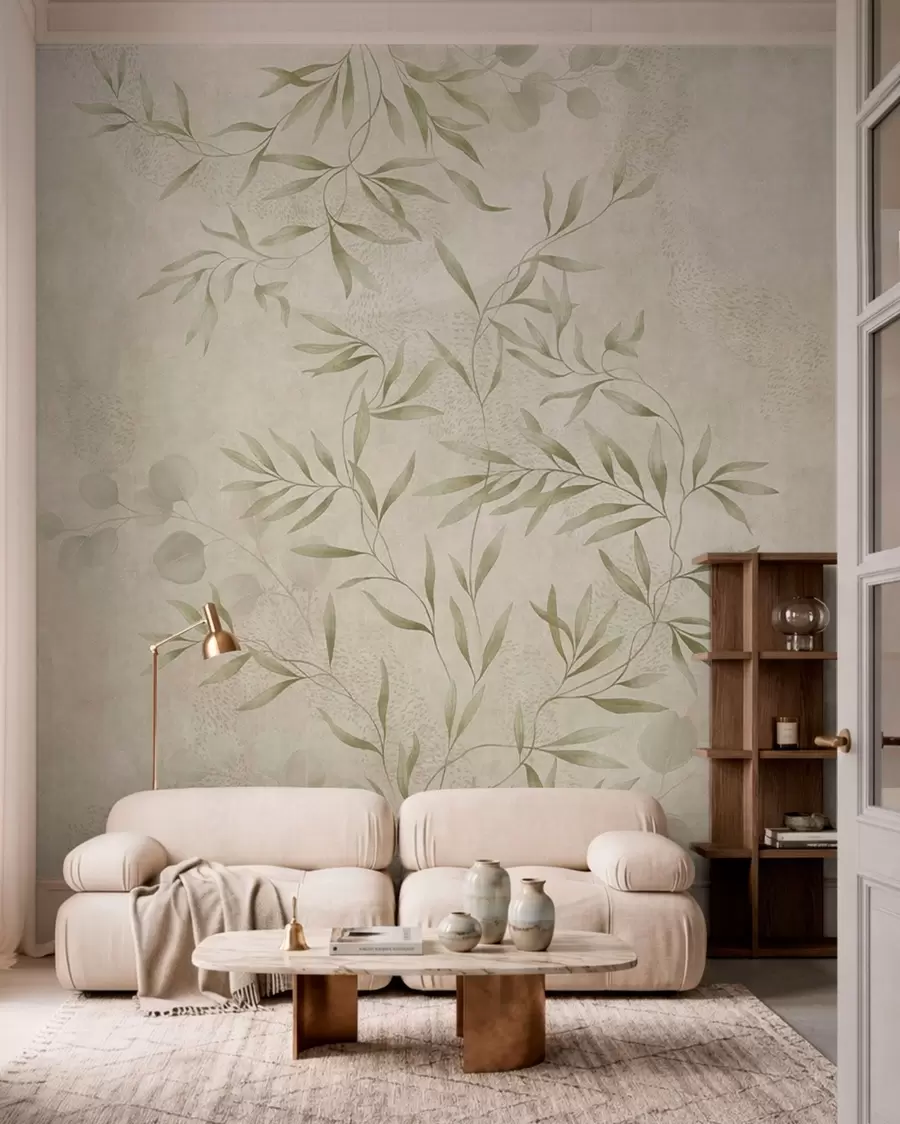 wall murals Botanical pattern in light green tones on textured background w05424v1