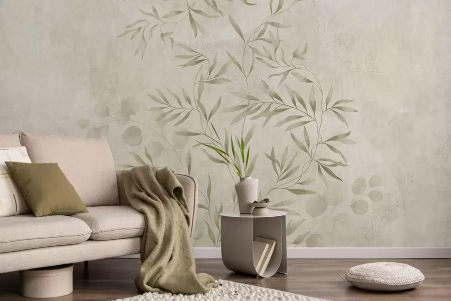 wall murals Botanical pattern in light green tones on textured background w05424v1