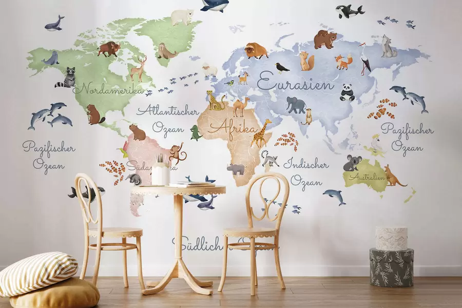 wall murals A watercolor-style White map featuring animals. Labels in German c00012de