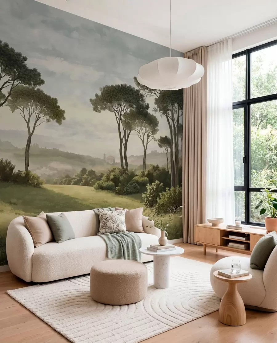 wall murals Landscape with trees, meadow and distant mist w05122v1