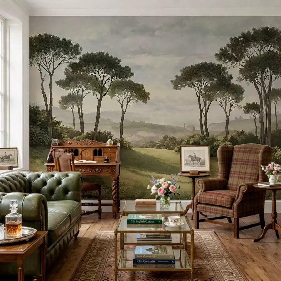 wall murals Landscape with trees, meadow and distant mist w05122v1