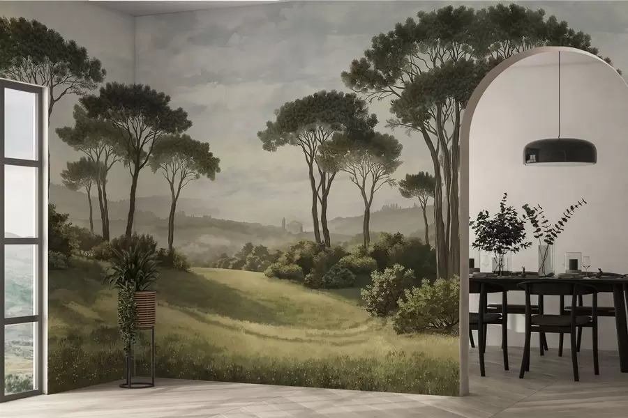 wall murals Landscape with trees, meadow and distant mist w05122v1