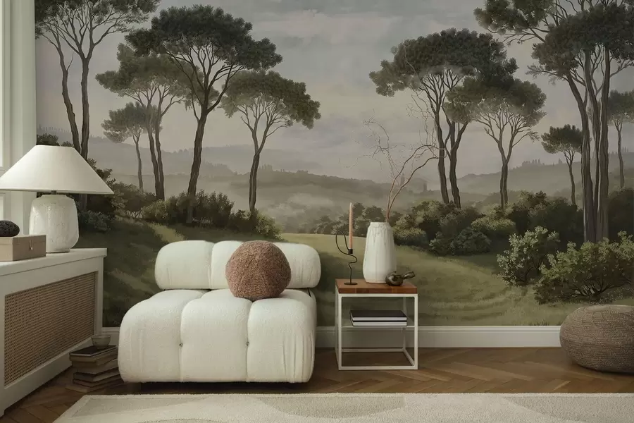 wall murals Landscape with trees, meadow and distant mist w05122v1